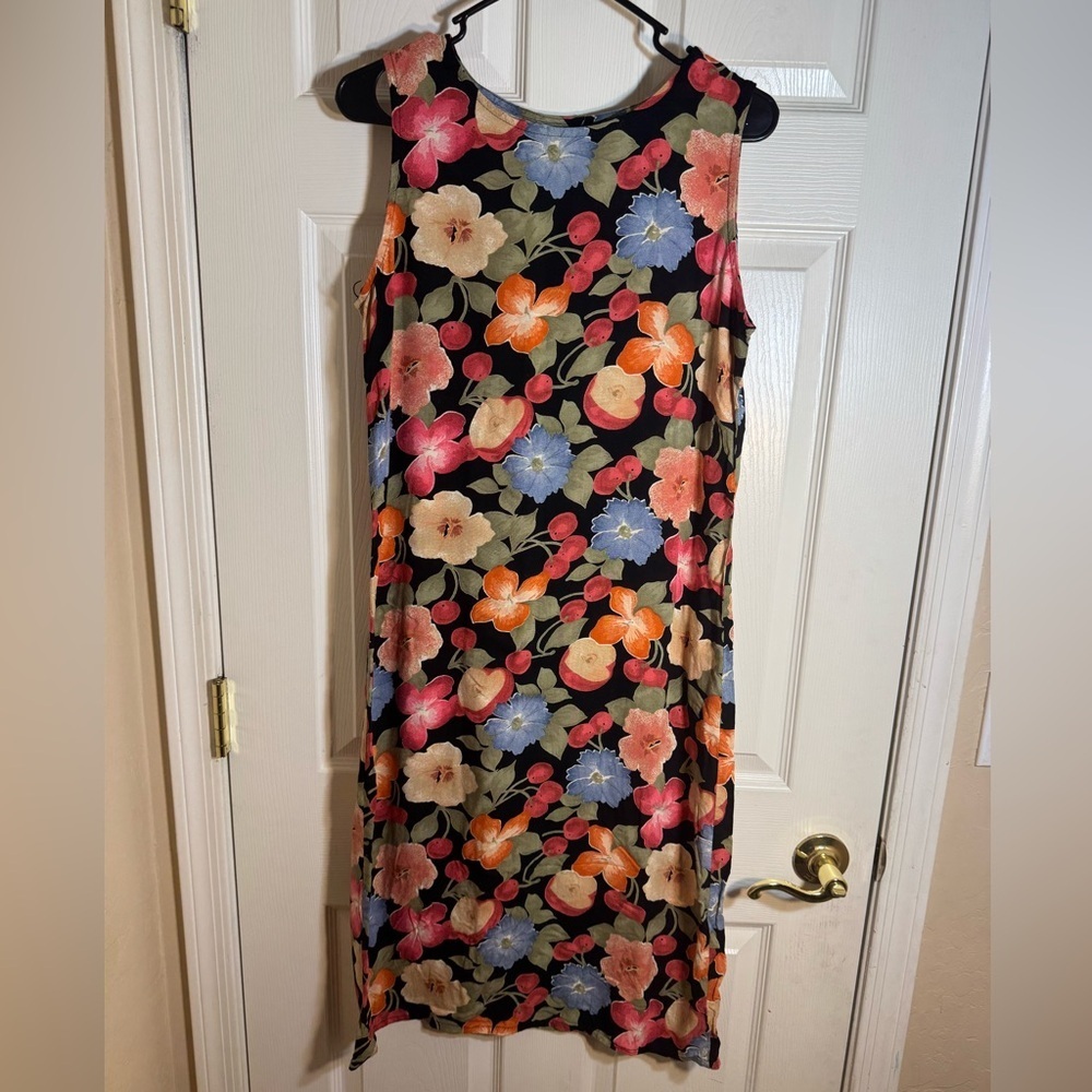 90’s bright floral cherries‎ apples midi vintage lightweight 100% Rayon dress